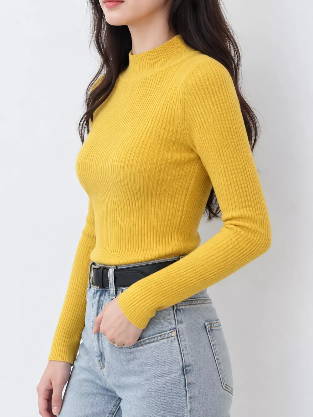 Elegant Slim-Fit Ribbed Mock Neck Knit Top, image 17