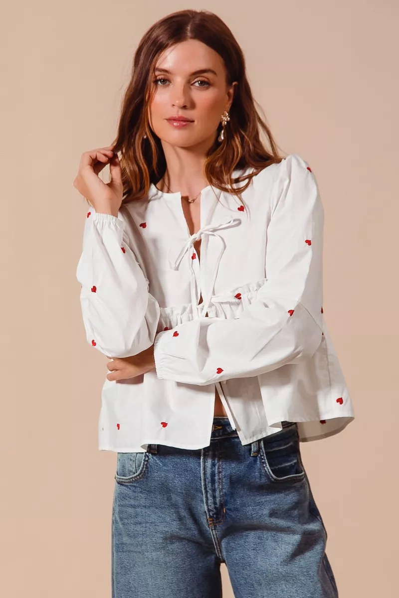 Front Tie Heart Embroidered Blouse With Puff Sleeve, image 9