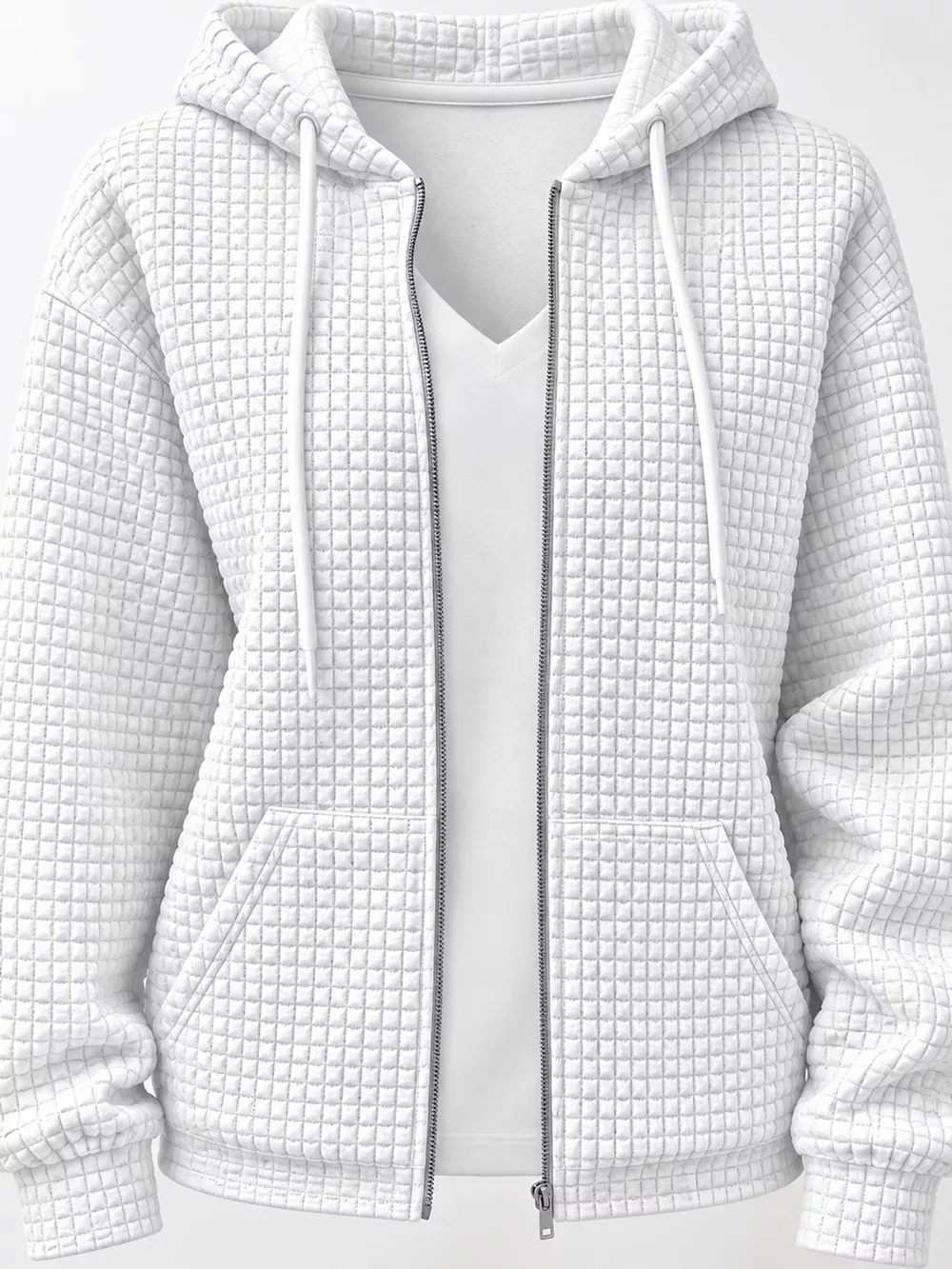 Waffle Knit Zip-Up Hoodie with Drawstring and Pockets, image 9