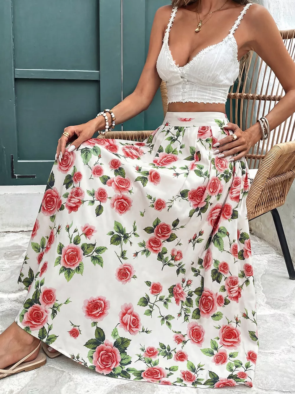 Rose Print Flowy Maxi Skirt, image 2