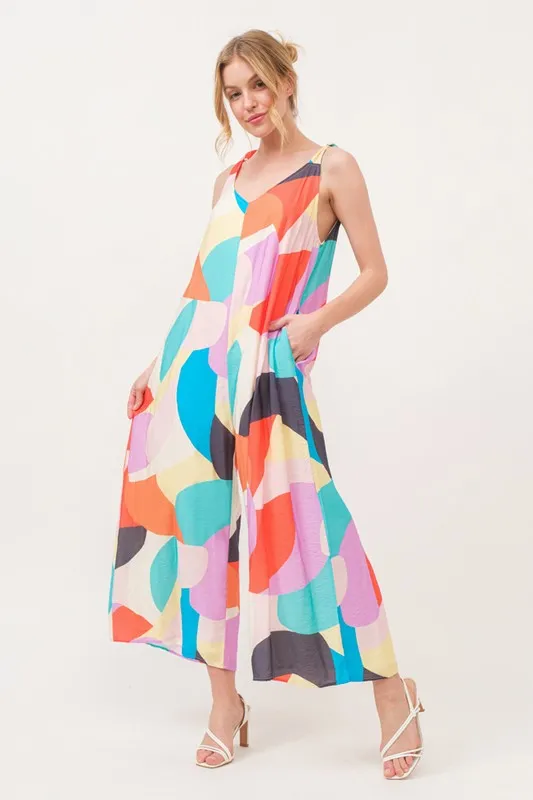 Tied Shoulder Straps Wide-Leg Geo Print Jumpsuit
