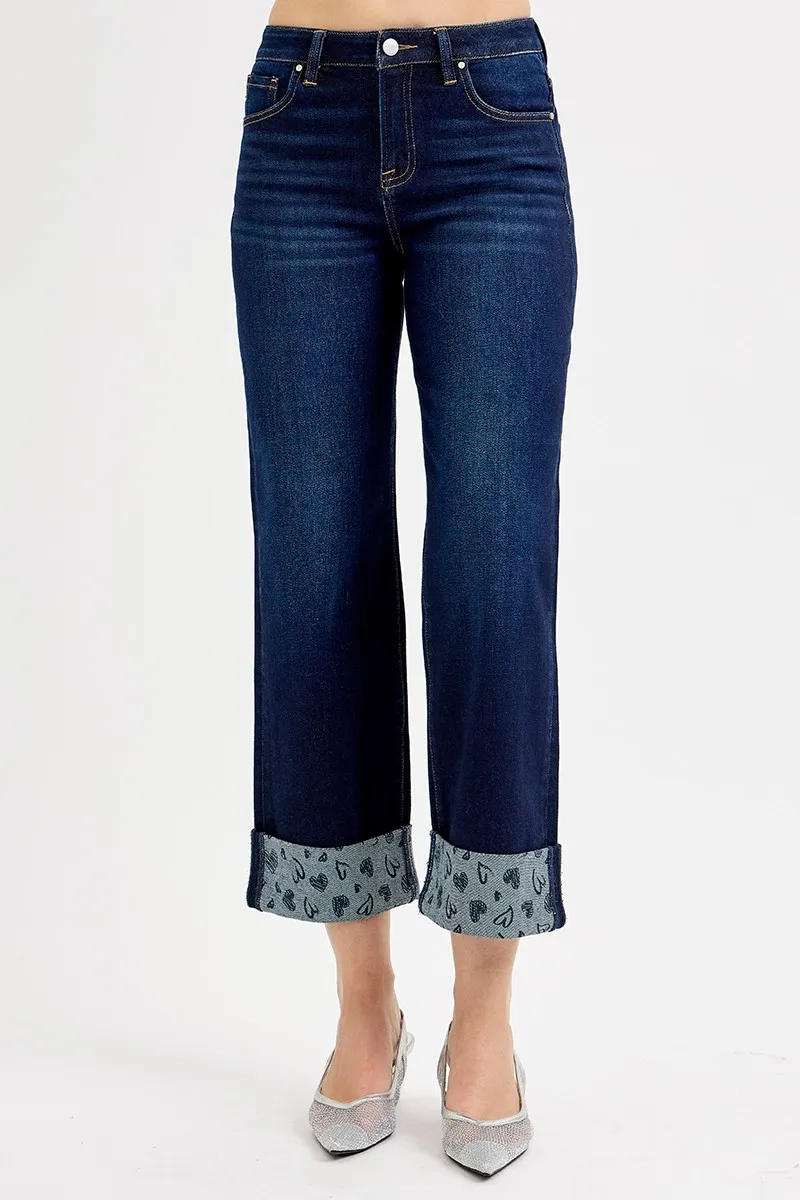Full Size Mid Rise Fit Crop Wide With Printed Cuff Jeans Plus Size, image 6