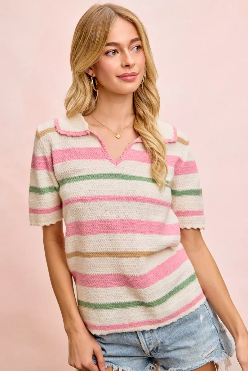 Multi Colors Stripes Collared Knit Top, image 9