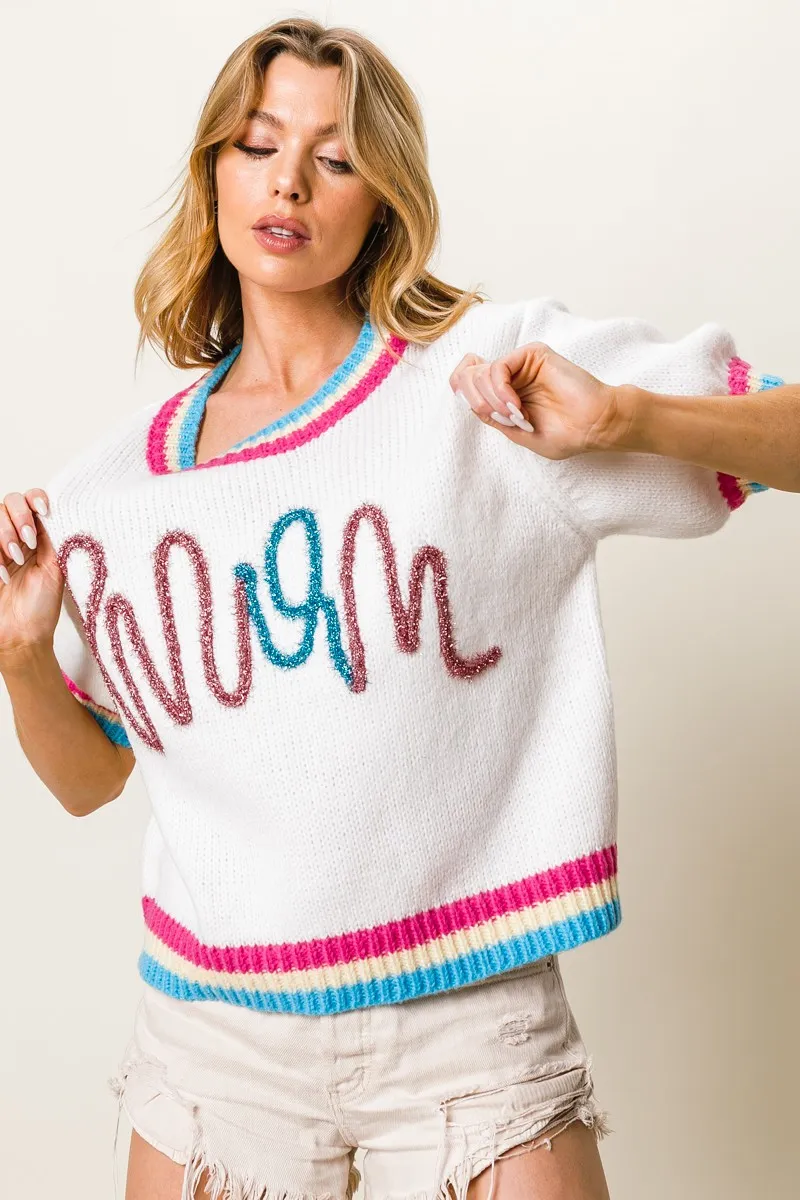 Metallic Letter Short Puff Sleeve Sweater, image 4