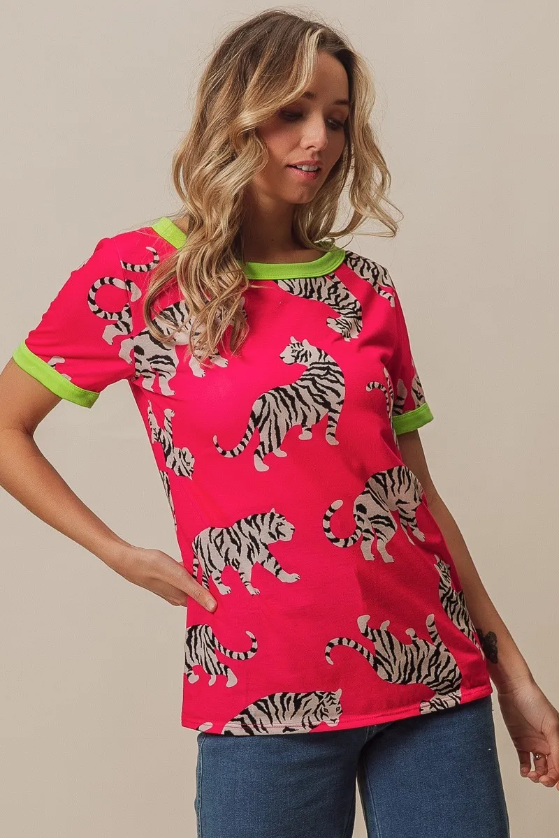 BiBi Big Tiger Print Jersey Contrast Ringer Top, image 5
