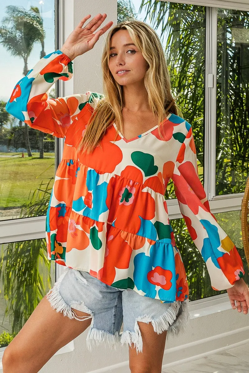 Floral Woven Tiered V Neck Top, image 15
