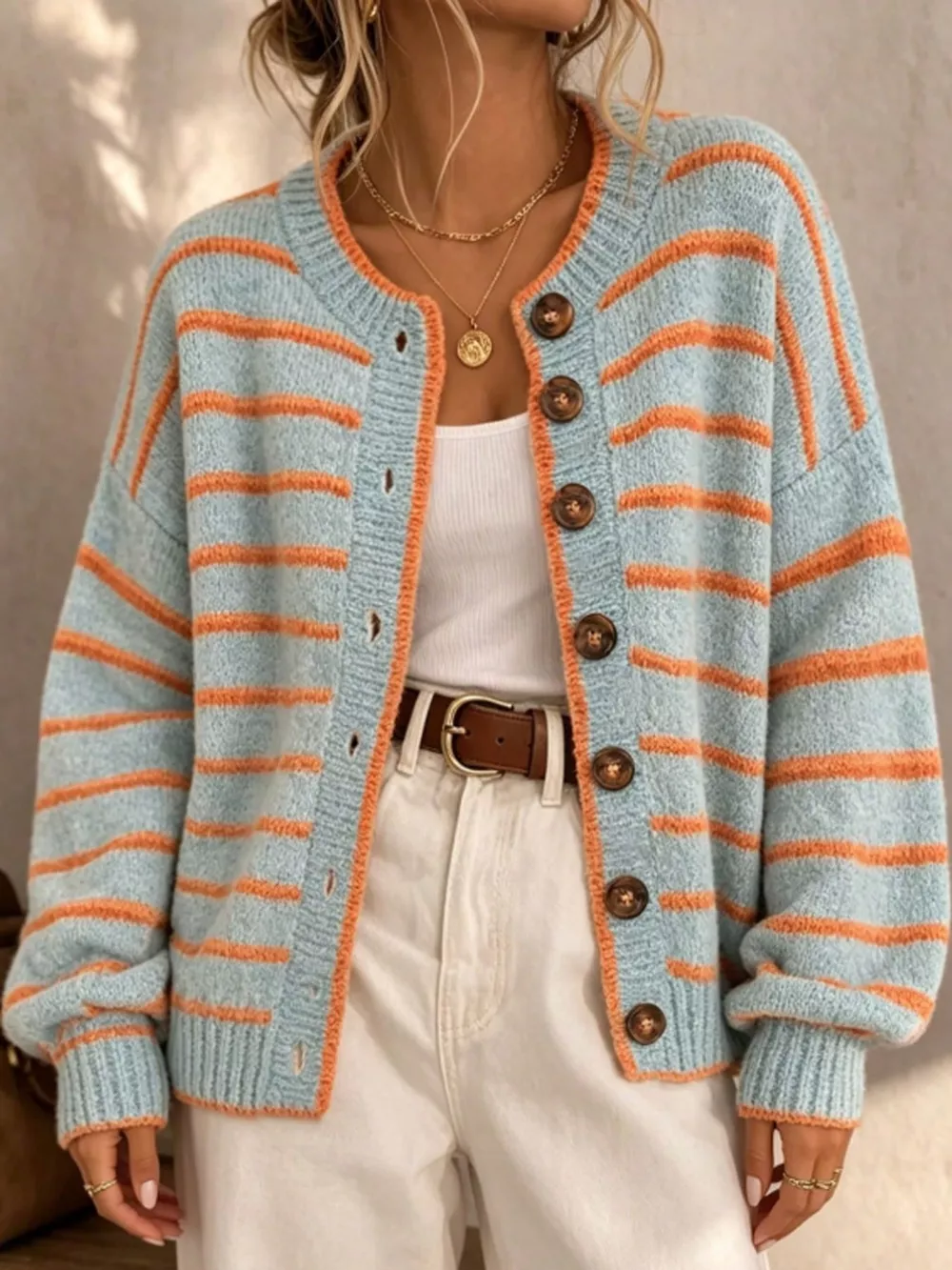 Striped Button-Down Knit Cardigan, image 2