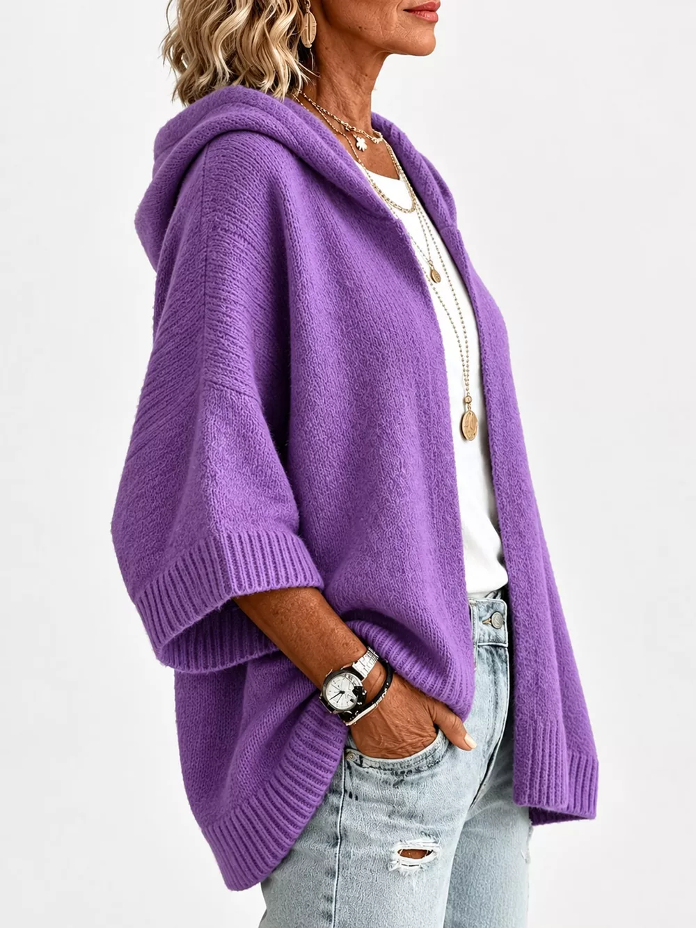Full Size Hooded Open-Front Knit Cardigan Plus Size, image 12