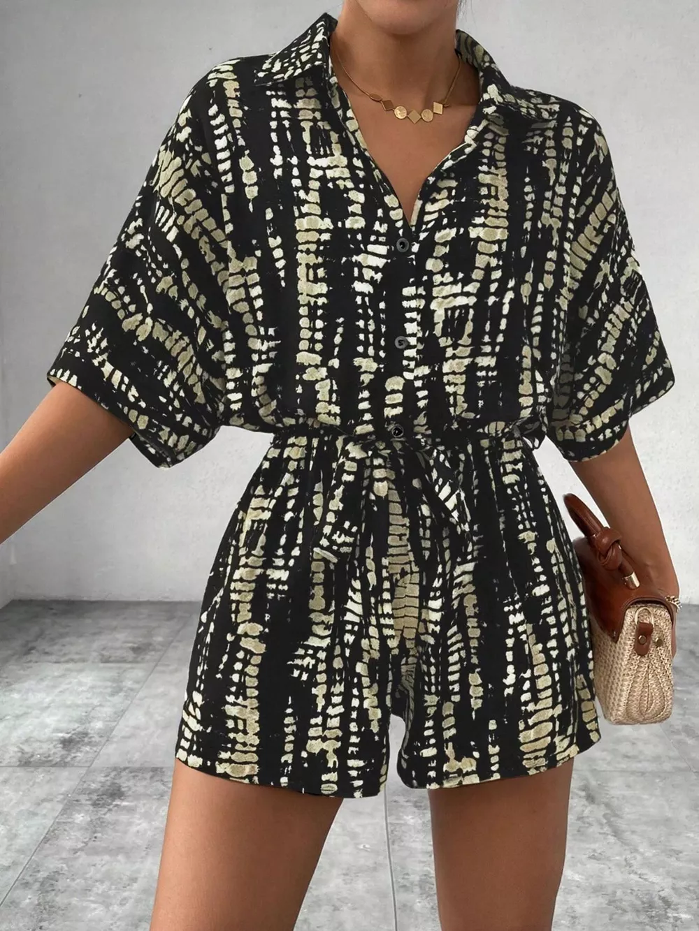 Striped Button-Up Belted Romper, image 8