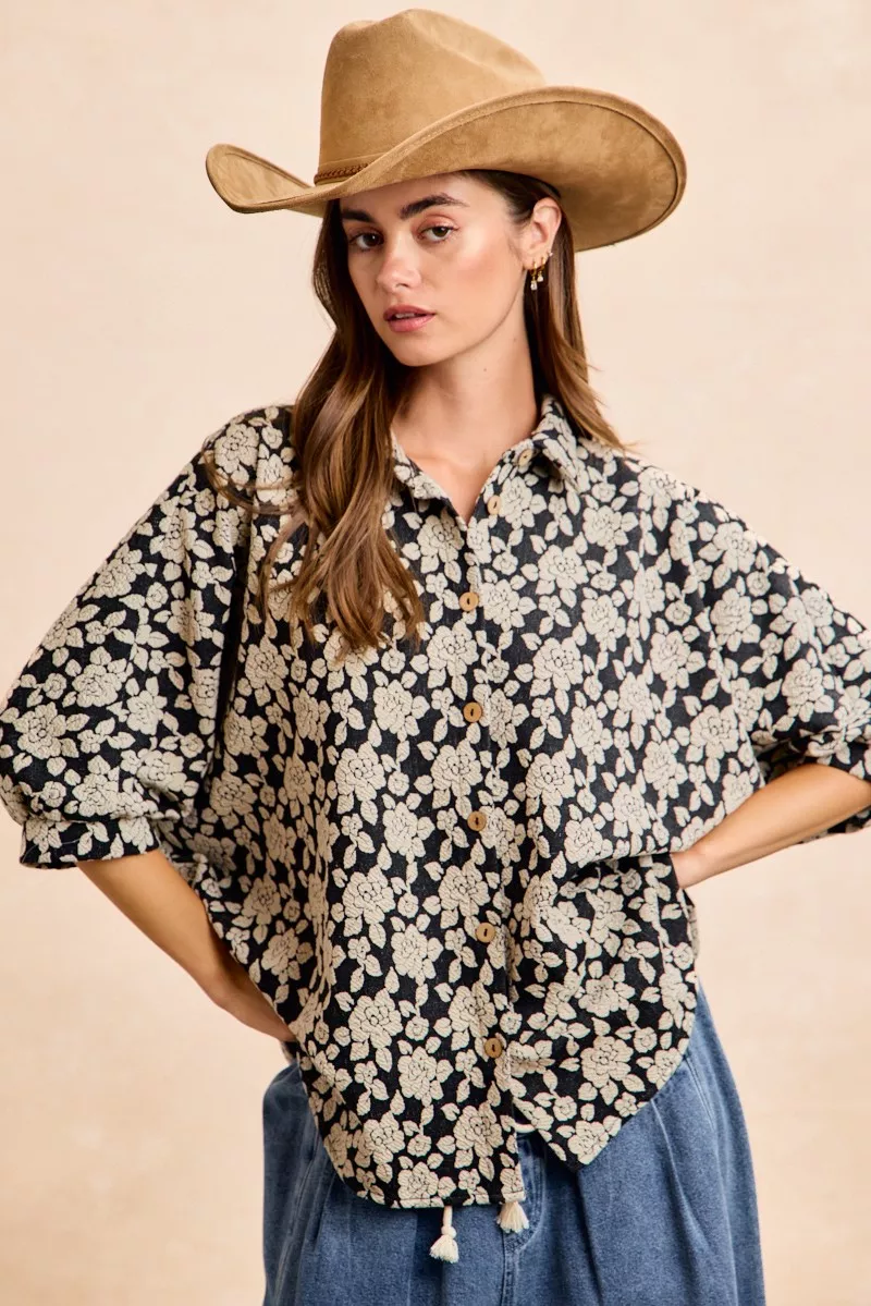 Floral Jacquard Short Dolman Sleeves Shirt, image 7