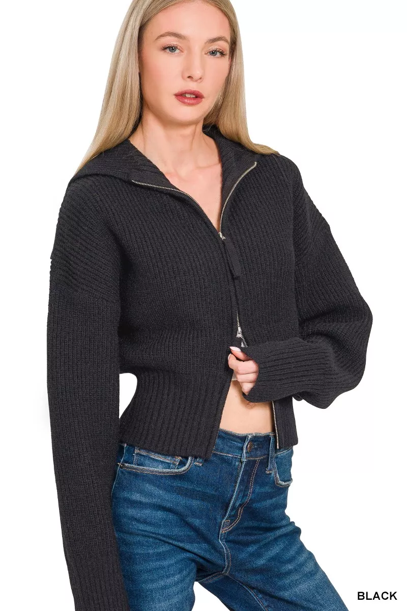 Ribbed Collared Zip Up Sweater Cardigan, image 3