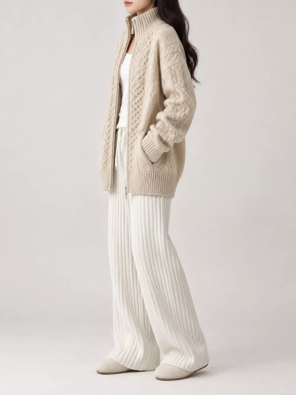 Full Size Cable-Knit Zip-Up Cardigan Plus Size, image 4
