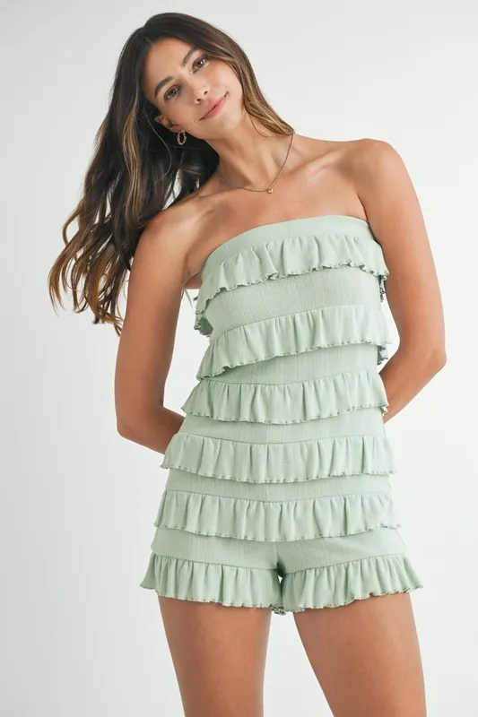 Pointelle Knit Fabric Ruffled Tube Romper