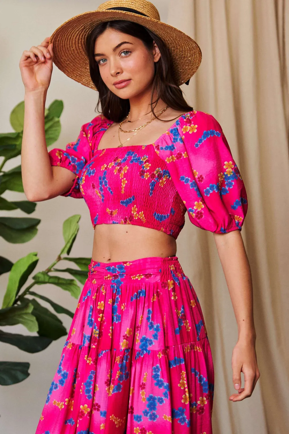 Smocing Bodice Puff Short Sleeve Printed Crop Top, image 3