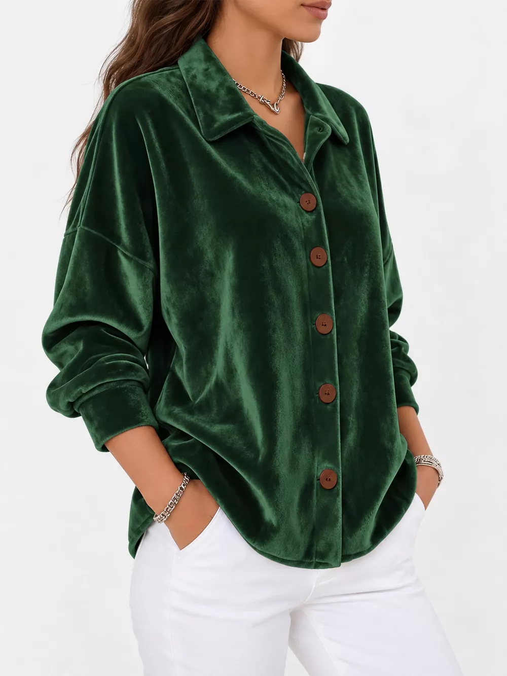 Full Size Velvet Button-Down Long Sleeve Shirt Plus Size, image 10