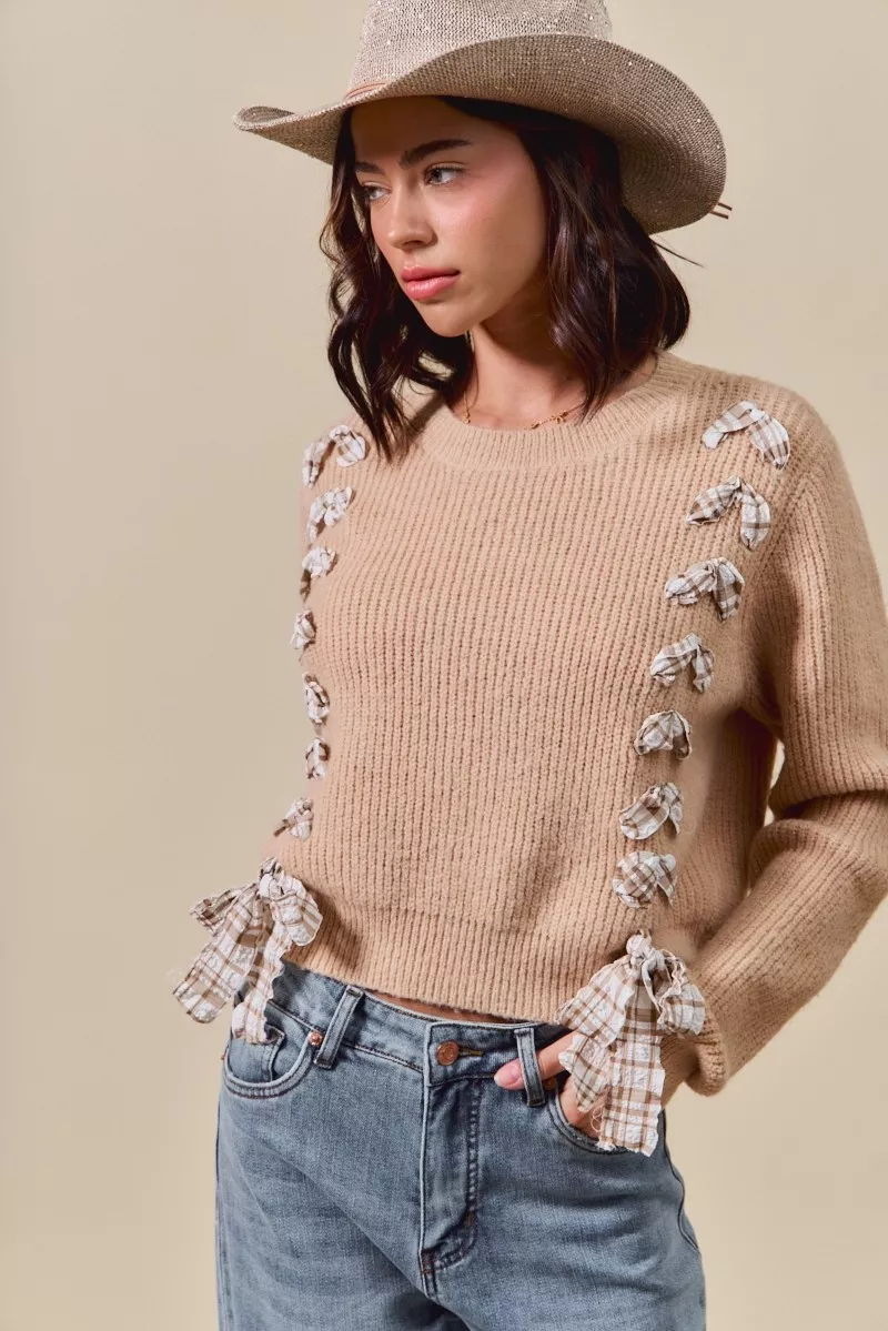 Checkered Plaid Tape Lace Up Ribbed Sweater, image 6