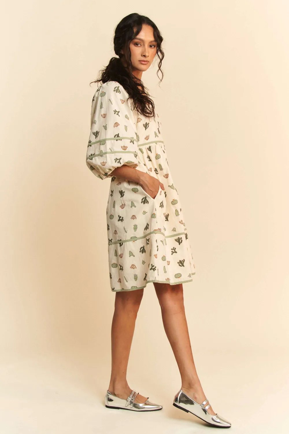 Cactus Printed Poplin Contrast Piping Mini Dress, image 9