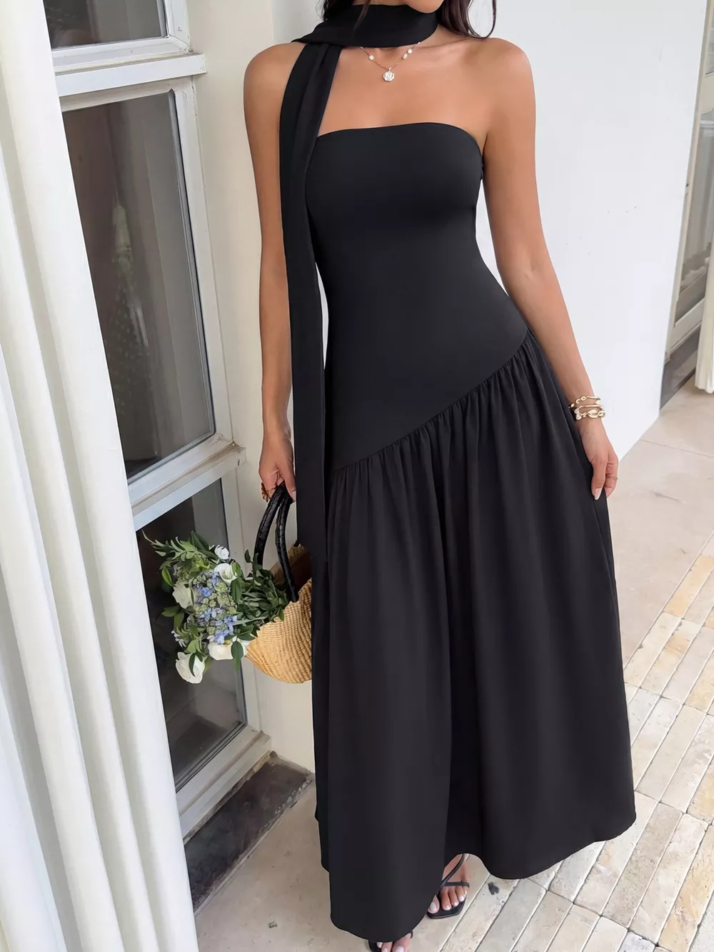 Slit Tube Maxi Dress with Scarf, image 3