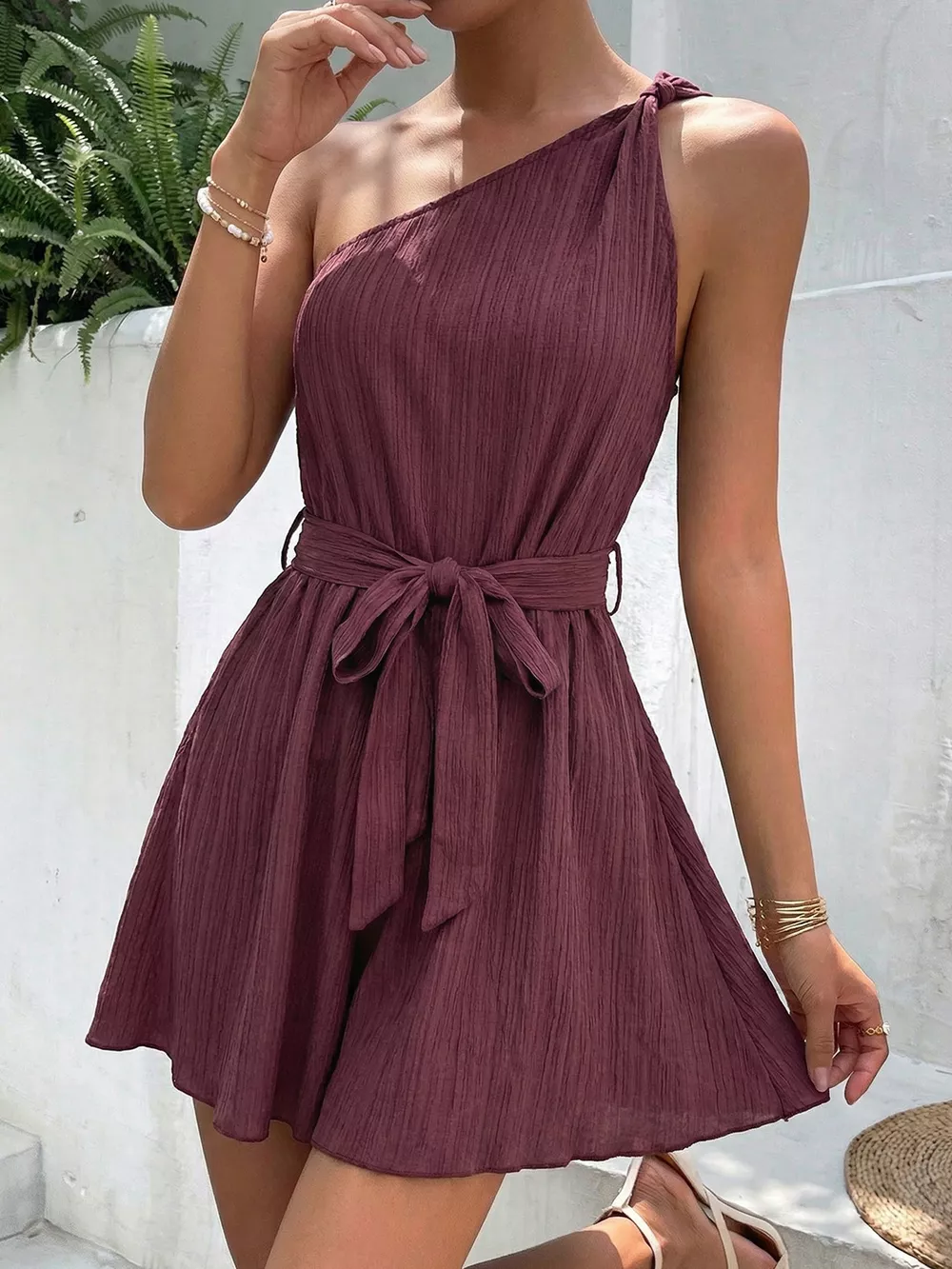 One-Shoulder Tie Waist Romper, image 11