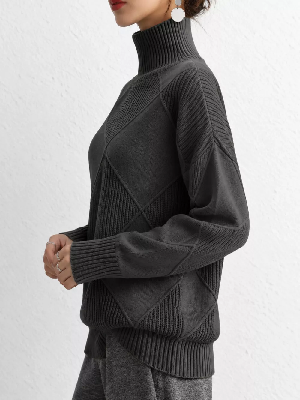 Full Size Diamond Pattern Turtleneck Sweater Plus Size, image 85