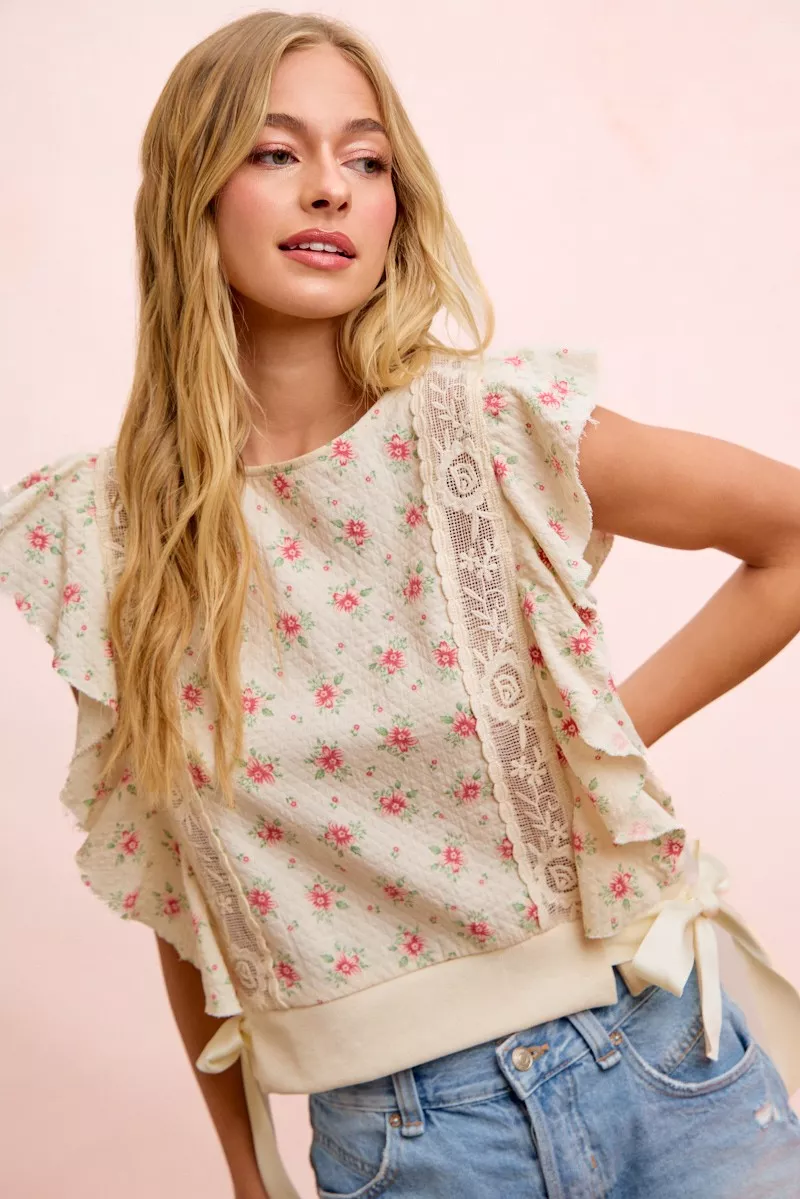 BiBi Flower Printed Ruffle Sleeve Trim Detail Top, image 32