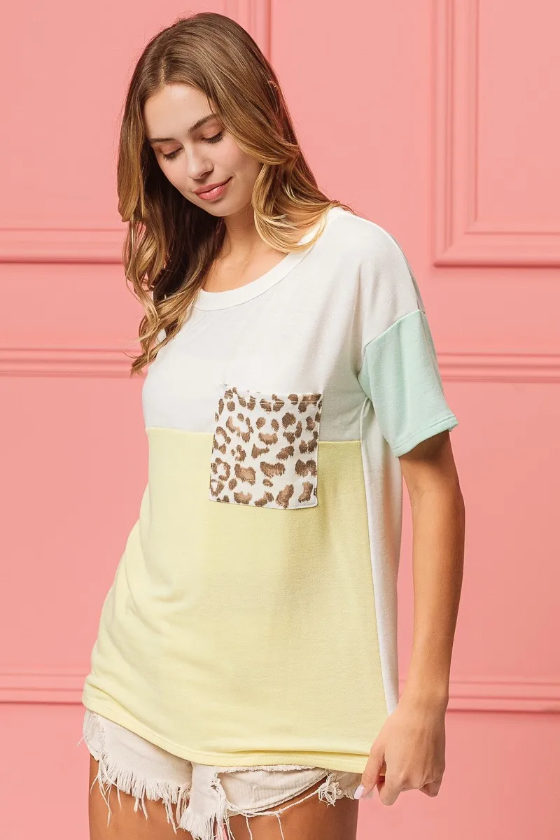 BiBi Leopard Front Pocket Ft Color Block Crew Neck Top, image 2