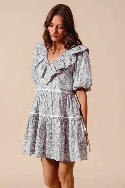 Cotton Printed Ruffle V Neckline Dress with Side Tie, image 8