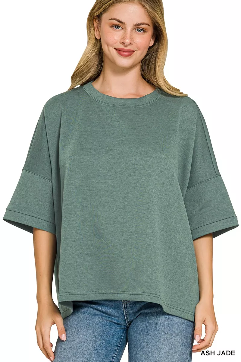 Full Size Scuba Round Neck Top With Side Slits Plus Size