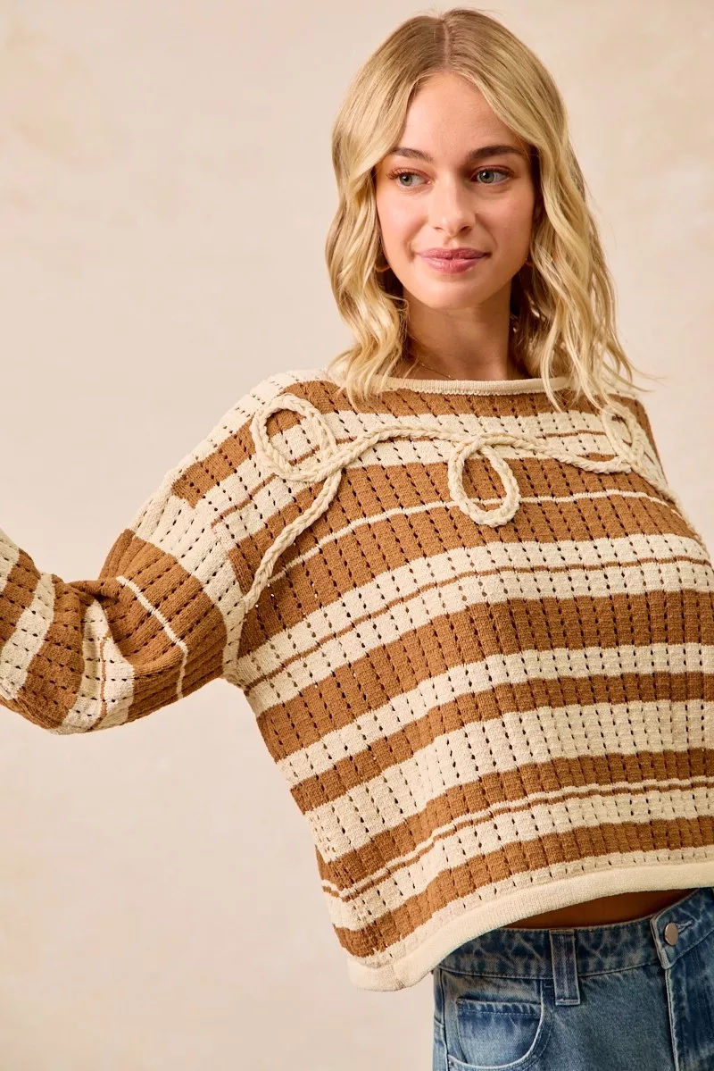 Striped Open Knit Sweater Top with Front Braided Detail, image 9