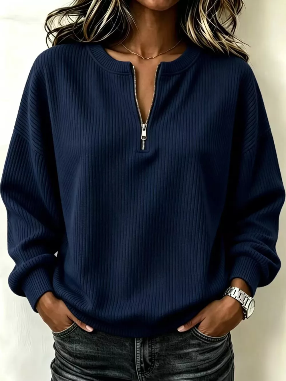 Full Size Quarter-Zip Dropped Shoulder Sweatshirt Plus Size, image 3