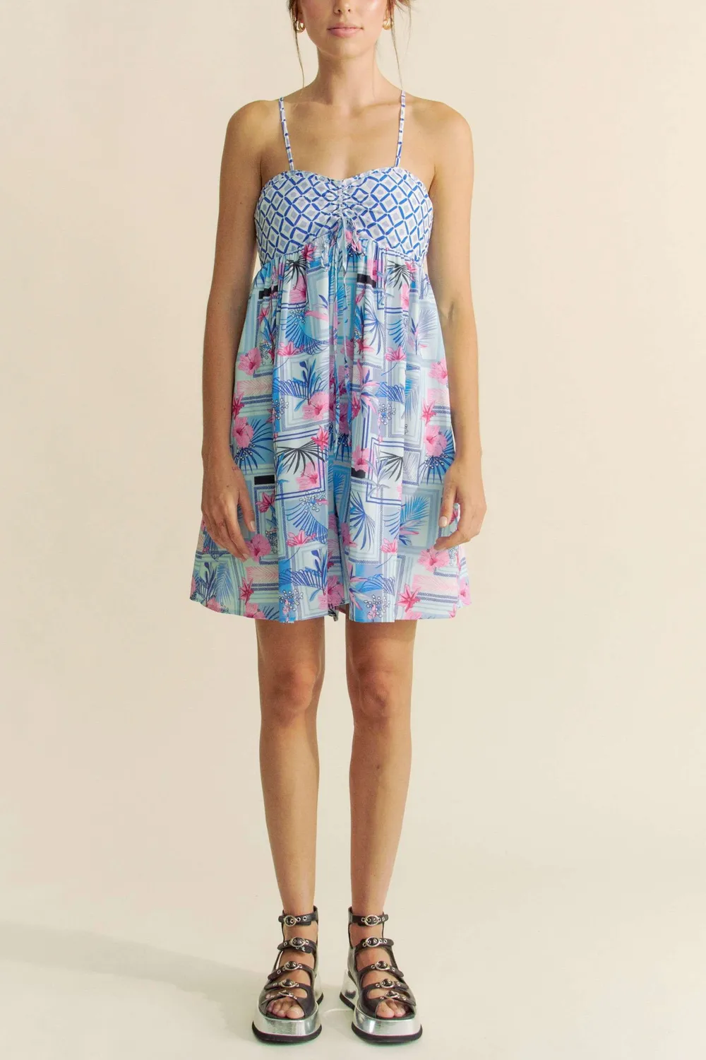 Tropical Floral Geo Print Tie Back Tube Top Romper, image 9