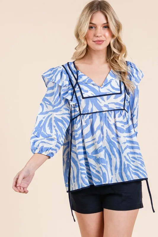 Graphic Print Solid Trim Quarter Sleeve Blouse