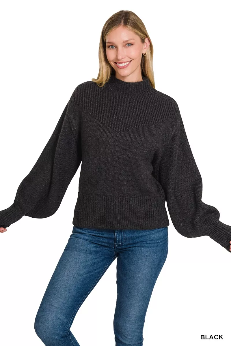 Balloon Sleeve Mock Neck Sweater, image 3