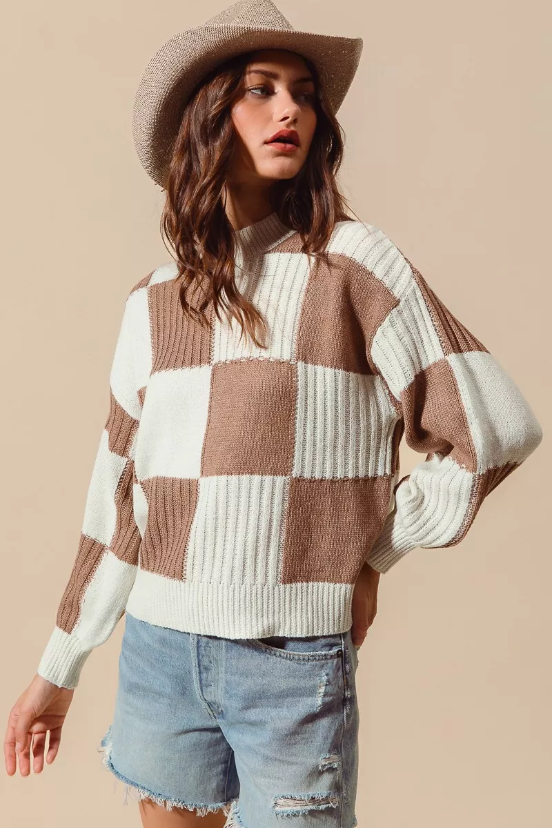 Ribbed Color Block Checkered Plaid Sweater, image 4
