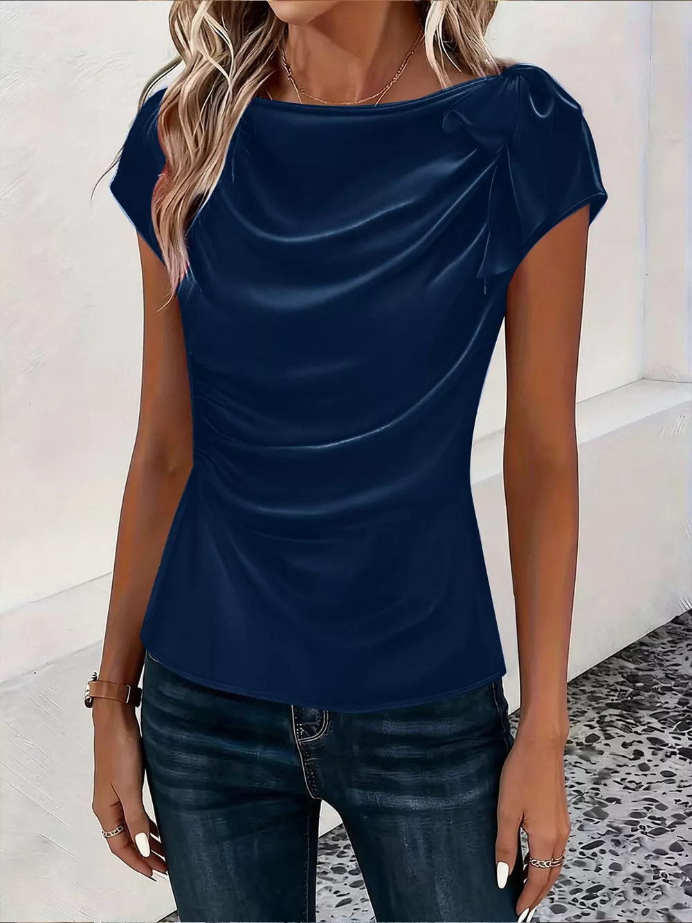 Ruched Short Sleeve Satin Top, image 6