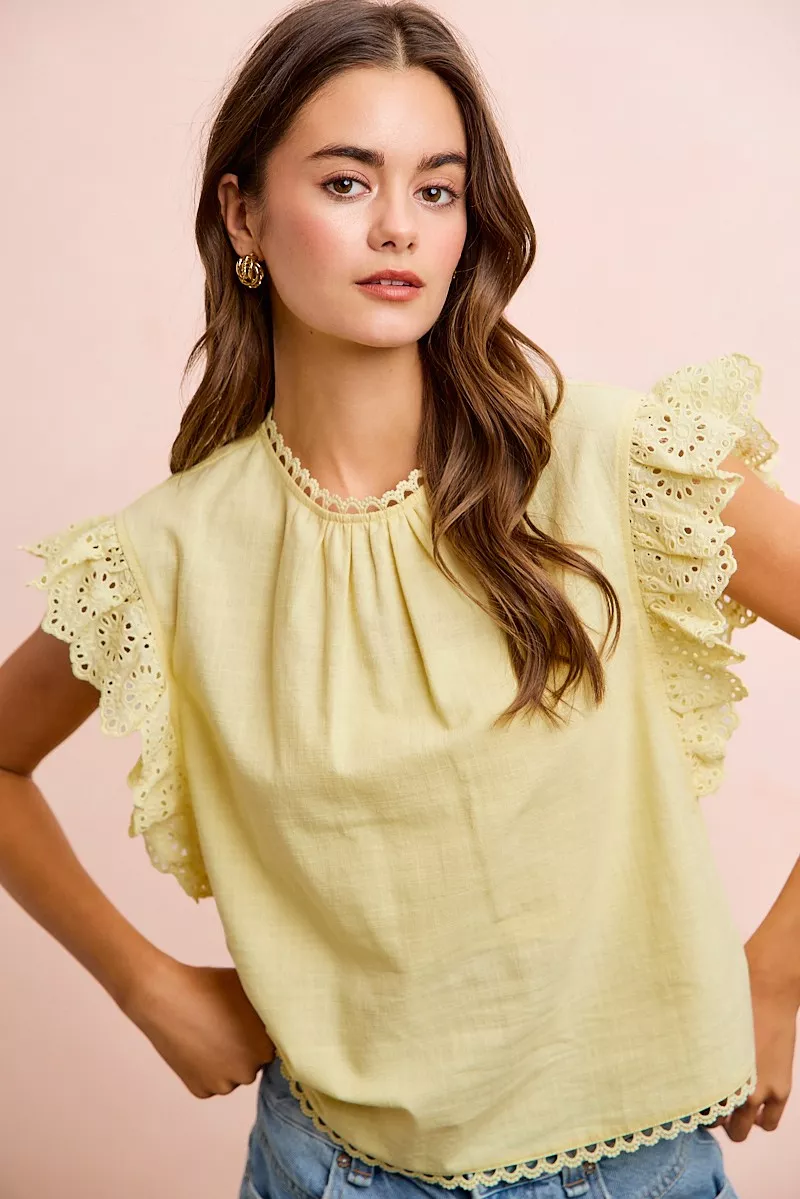 BiBi Cotton Solid Ruffle Sleeve Lace Detail Blouse Top, image 11
