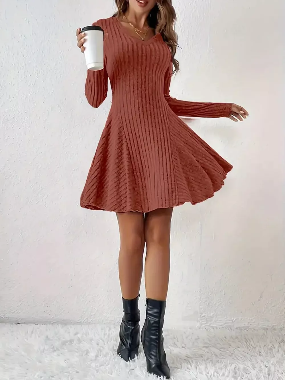 V-Neck Ribbed Knit A-Line Dress, image 17