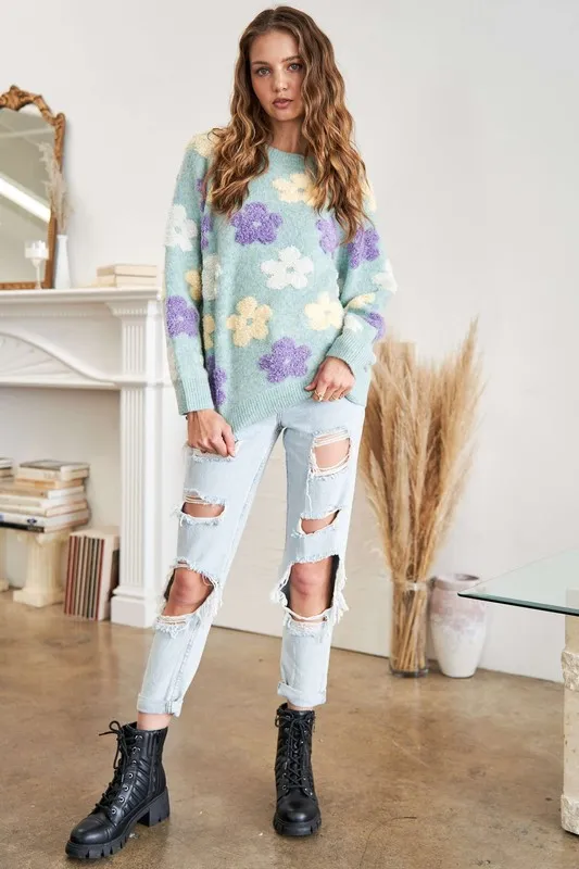 Full Size Floral Popped 2-Tone Sweater Top Plus Size, image 4