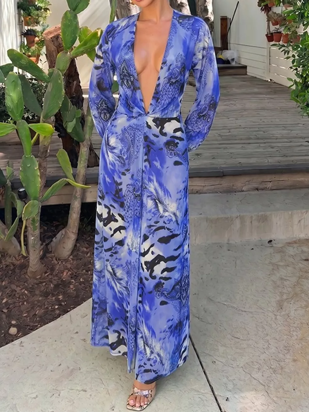 Deep V-Neck Long Sleeve Printed Maxi Dress, image 26