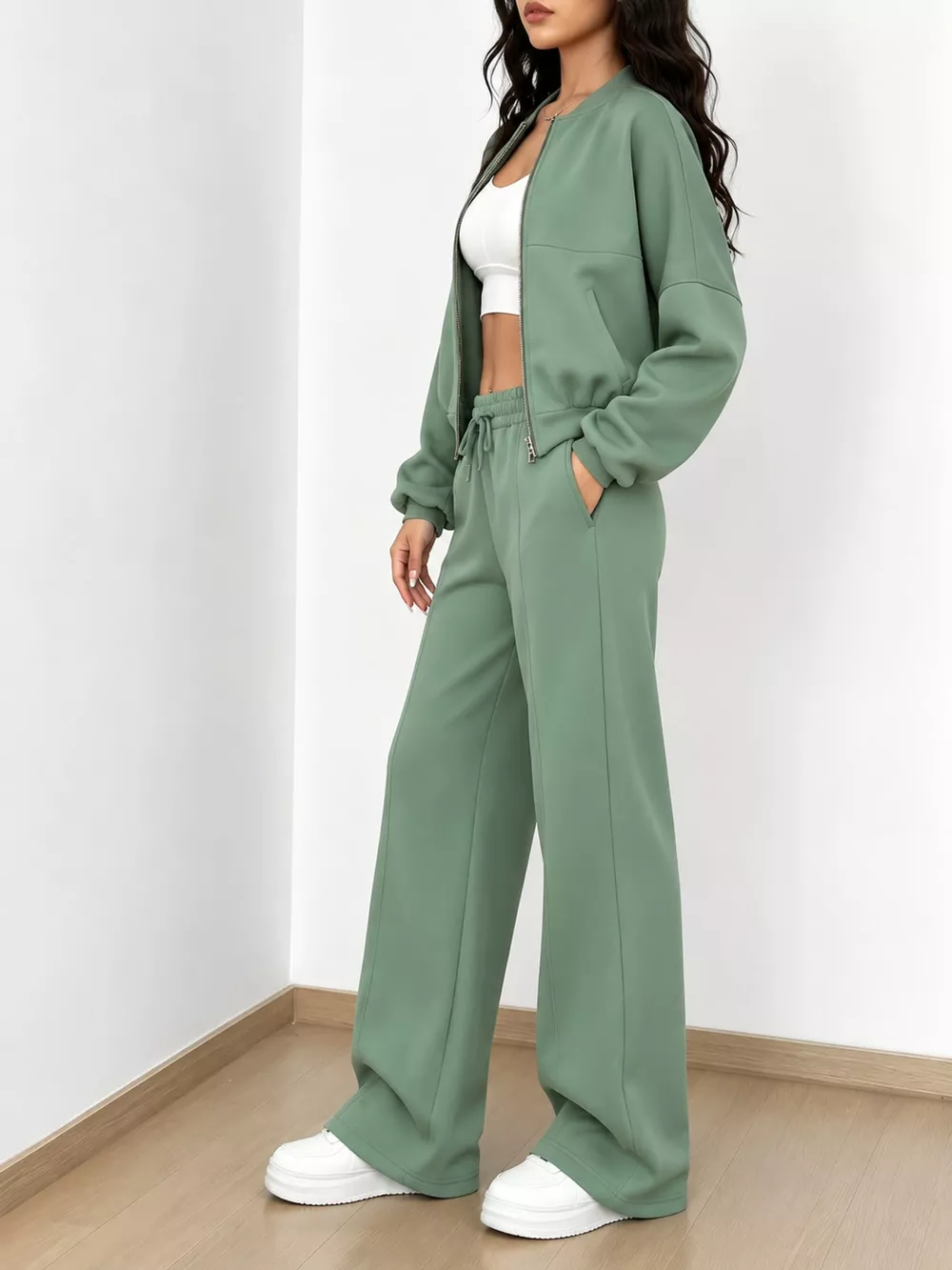 Casual Zip-Up Jacket and Wide-Leg Sweatpants Set, image 61