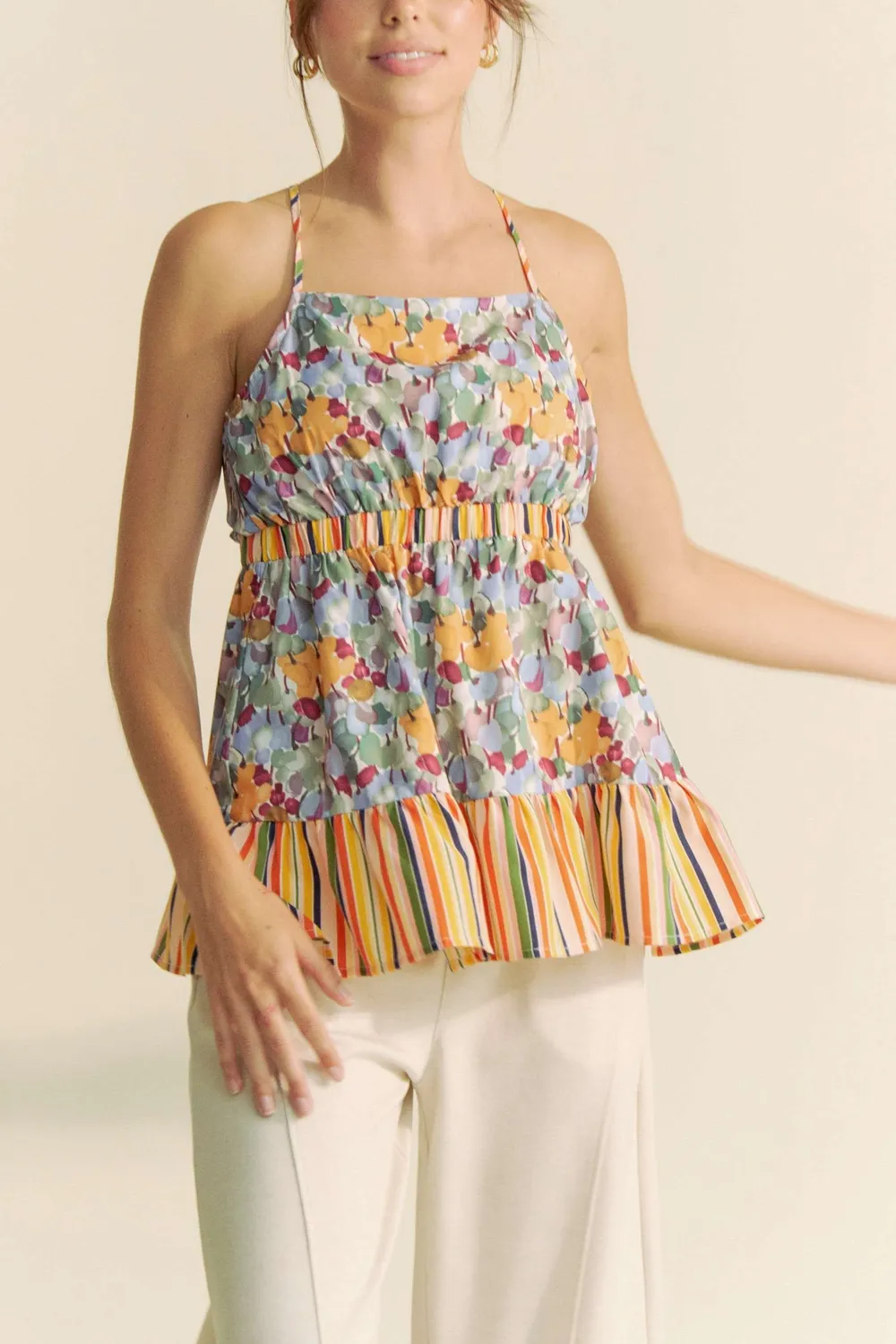 Floral Smocked Sleeveless Ruffle Back Tie Top, image 7