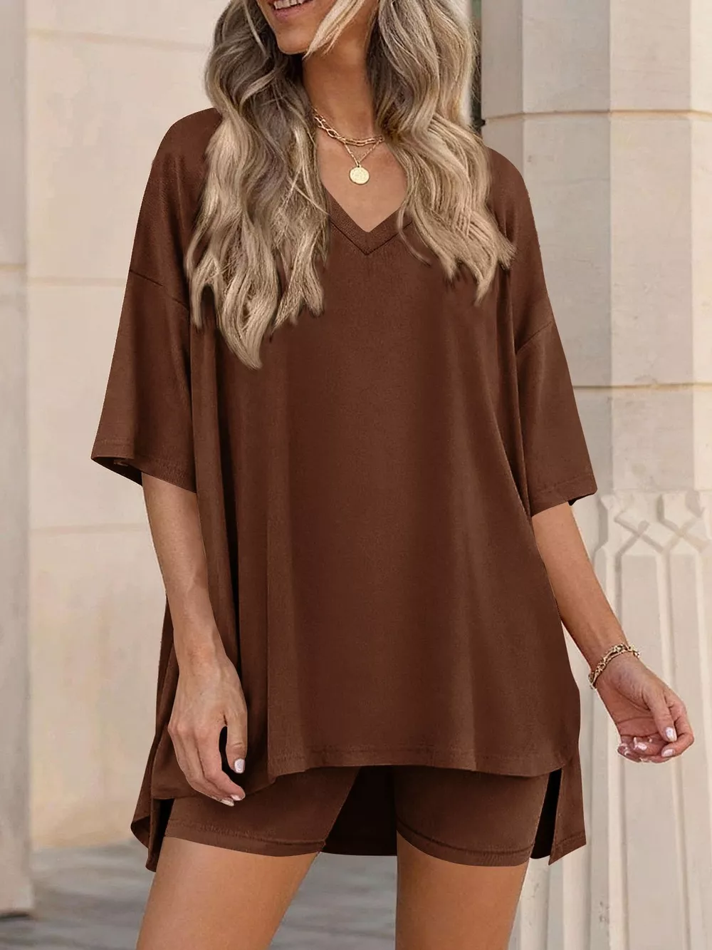 Full Size Casual Loose V-Neck T-Shirt & Shorts Set Plus Size, image 13