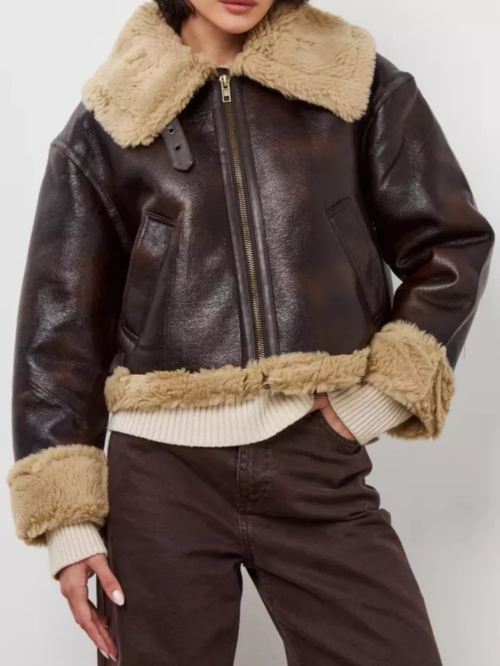 Vintage-Inspired Faux Leather Aviator Jacket with Plush Shearling Trim