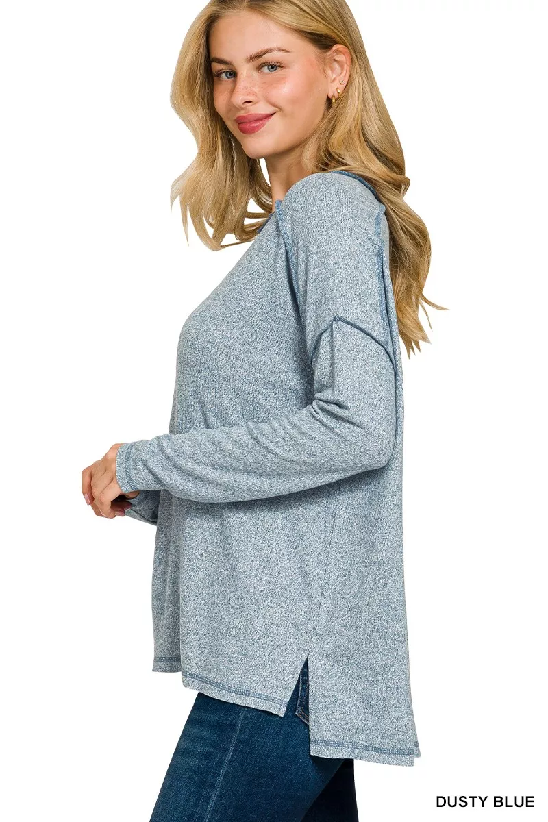 Full Size Melange Hacci Exposed Seam Hi-low Tee Plus Size, image 2