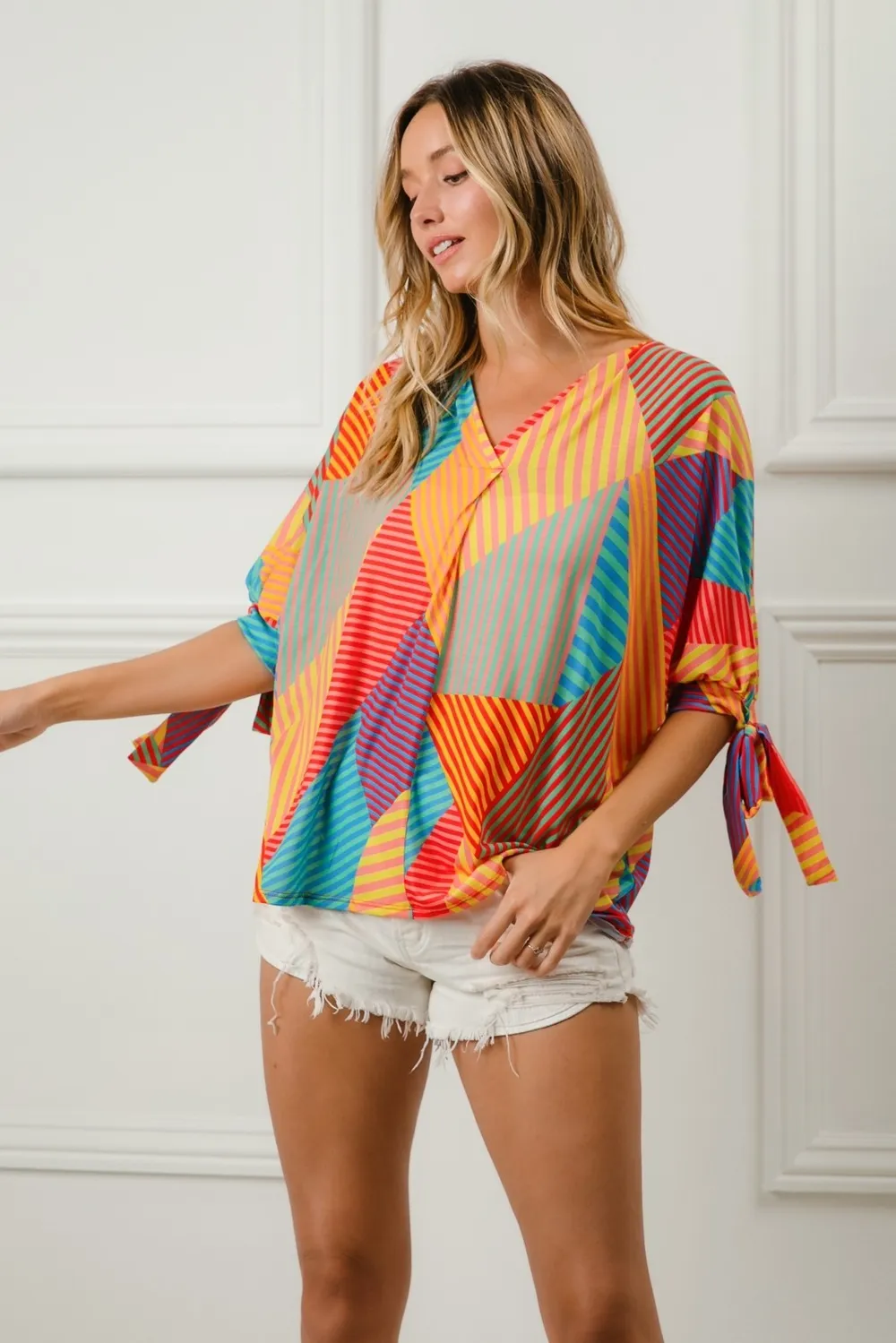 Multi Stripe Block Printed Jersey Blouse with Tied Sleeves, image 7