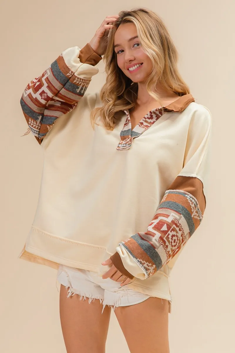 French Terry Knit and Aztec Print Mixed Top, image 3