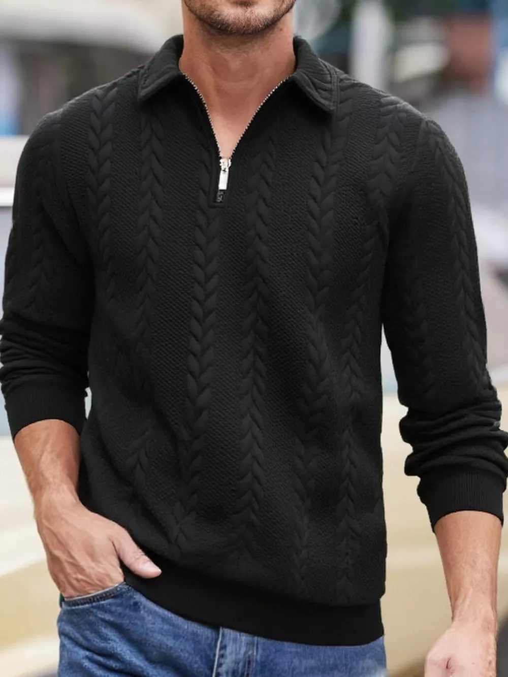 Men's Full Size Quarter-Zip Cable Knit Jacquard Sweatshirt Plus Size, image 6