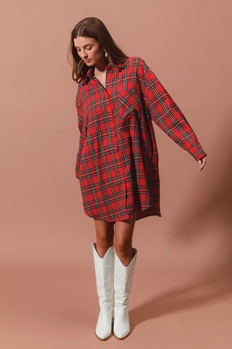 Christmas Checker Plaid Button Up Shirt Dress, image 7