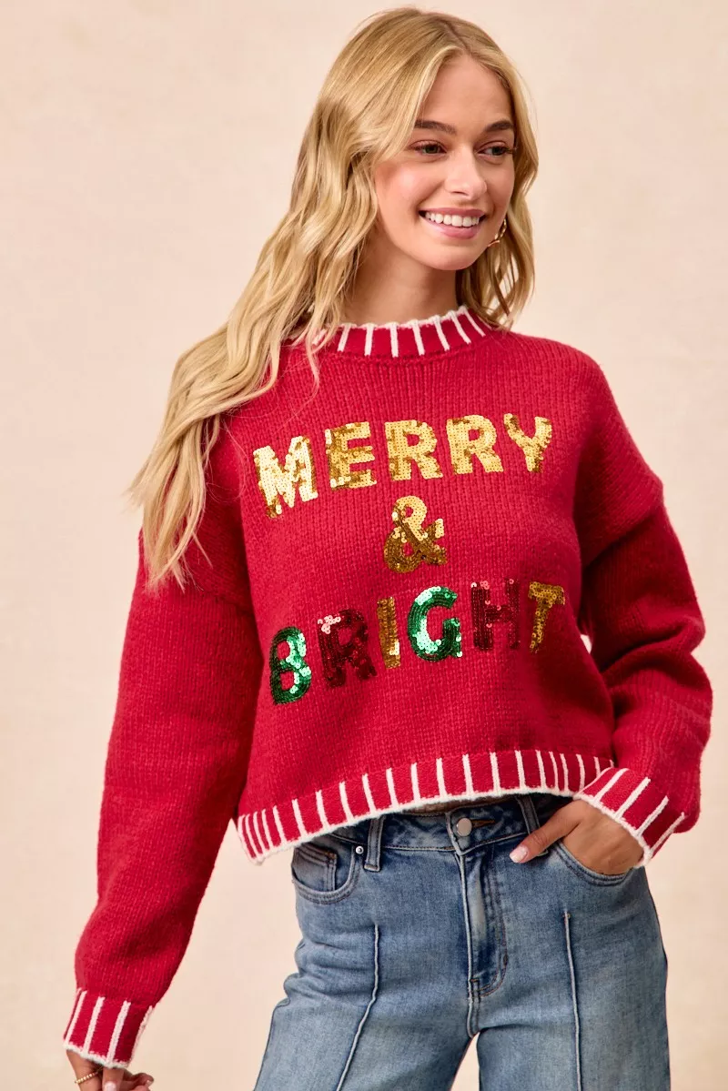 Christmas Theme Sequin Lattering Sweater, image 2