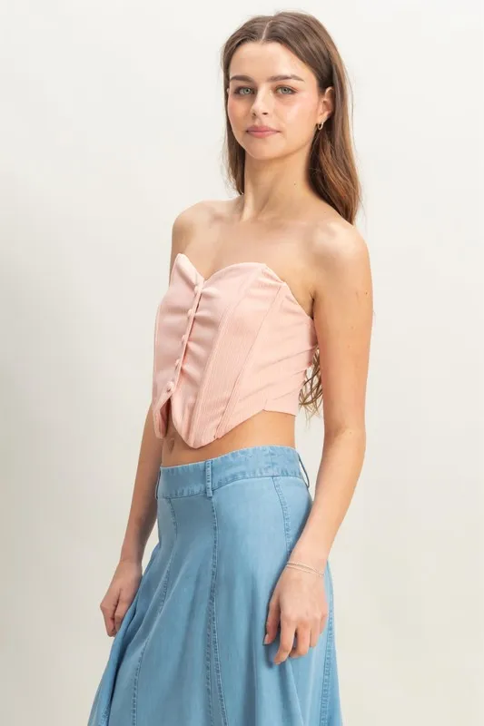 Buttoned Front Strapless Knit Bustier Top, image 2